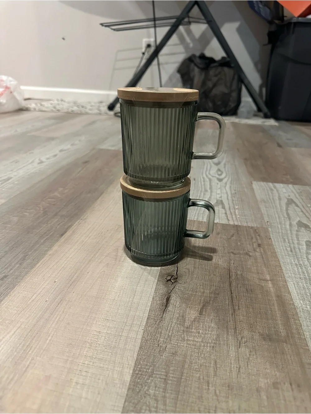 Ribbed Glass Mugs with Bamboo Lids - Smoky Gray (Set of 2)